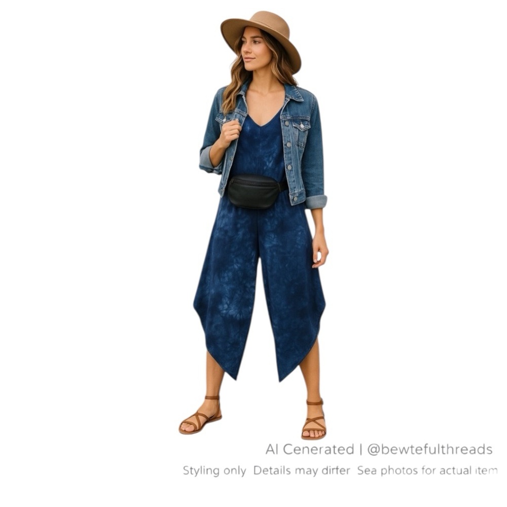 Tiana B Blue Tie Dye Asymmetrical Jumpsuit Stretch Boho Artwear